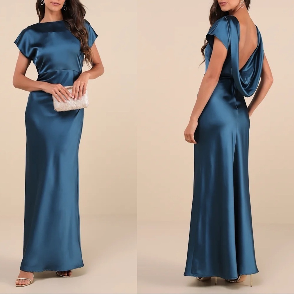 NWOT Captivating Presence Dark Teal Satin Cowl Back Maxi Dress
